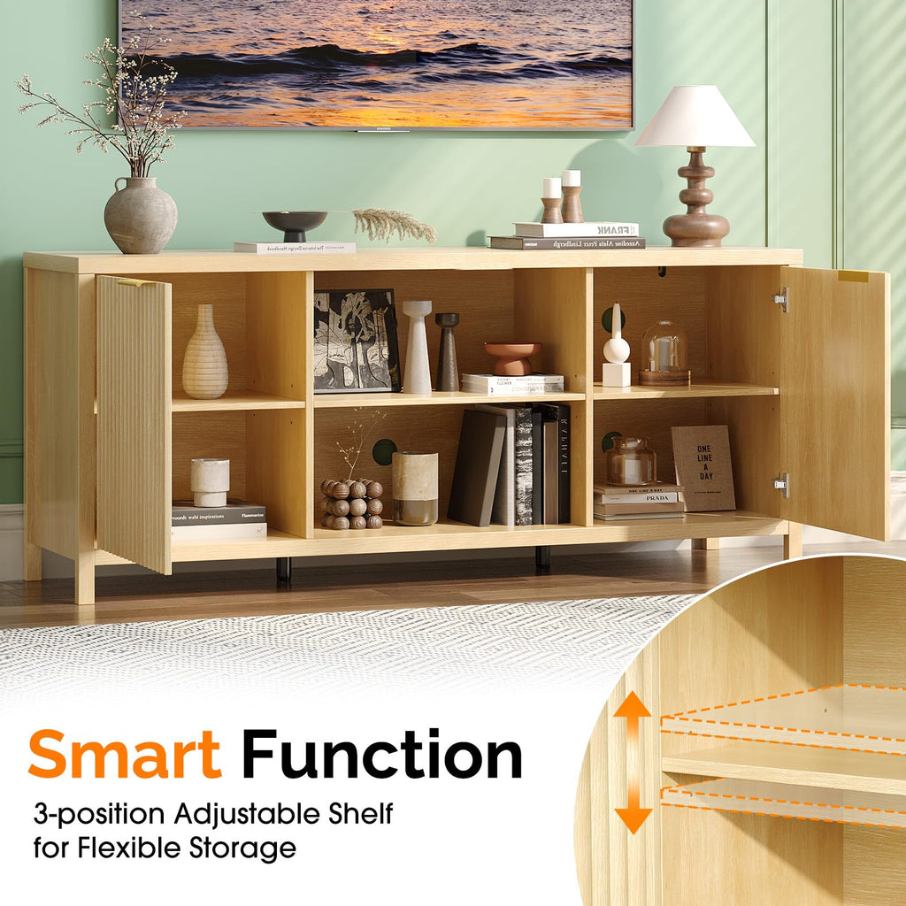 57.8" Oak TV Stand for 70 Inch TV with Adjustable Shelves and Cabinet Storage N8003