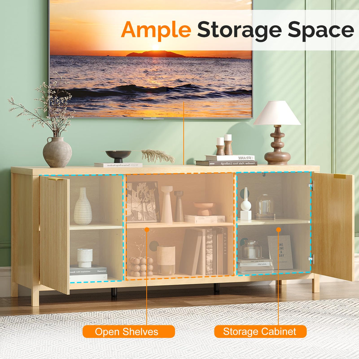 57.8" Oak TV Stand for 70 Inch TV with Adjustable Shelves and Cabinet Storage N8003