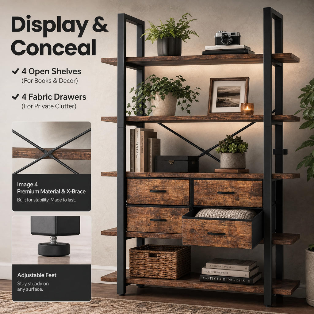 5-Tier Wood and Metal Bookshelf with 4 Fabric Drawers N102