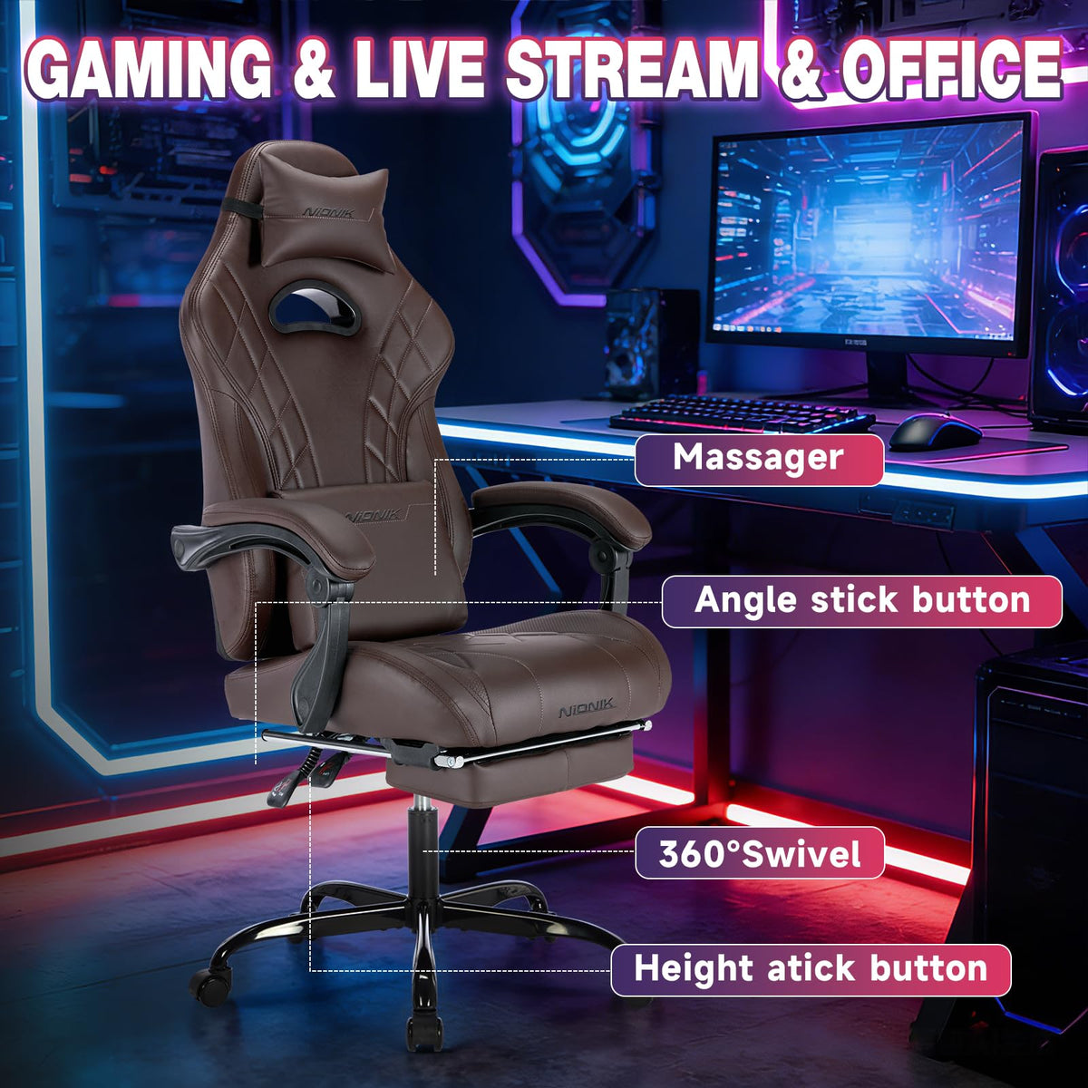 Gaming Chair with Footrest and Massage Lumbar Support K481023