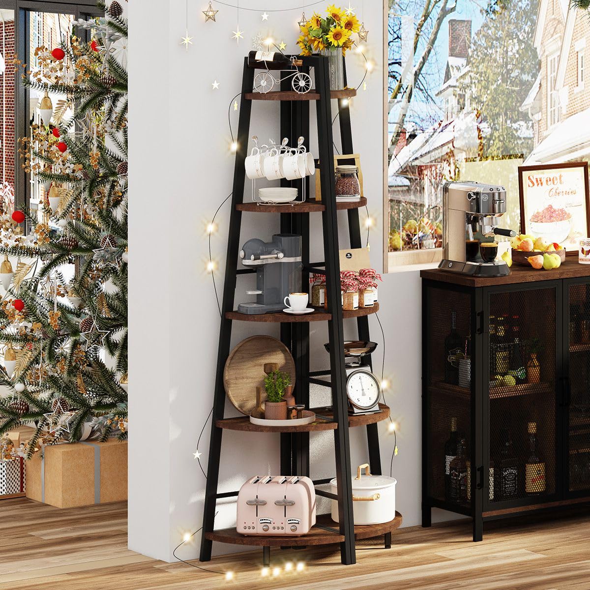 5-Tier Black Metal Wood Corner Bookshelf X3240