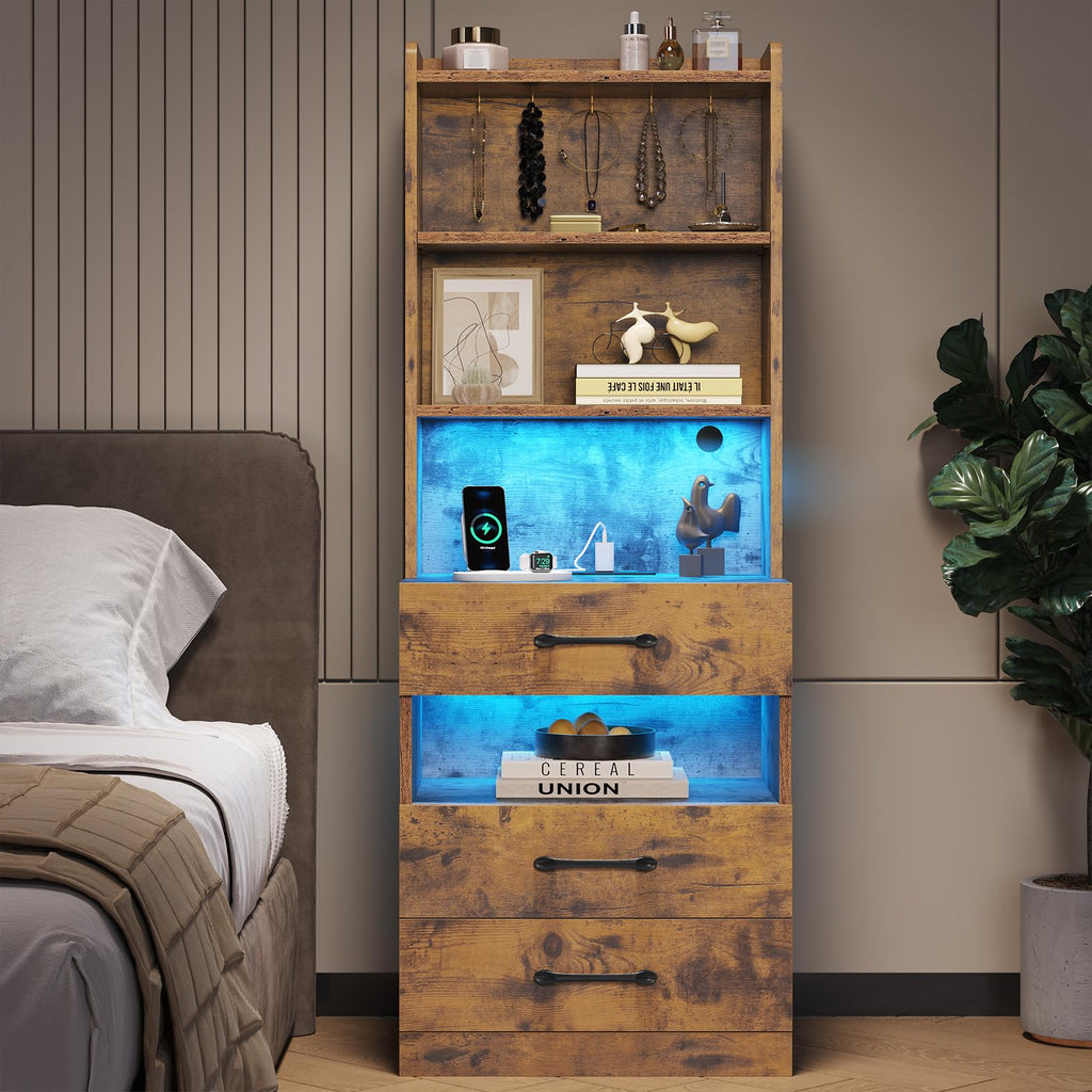 Rustic Brown Nightstand with Charging Station and LED Lights Z51139