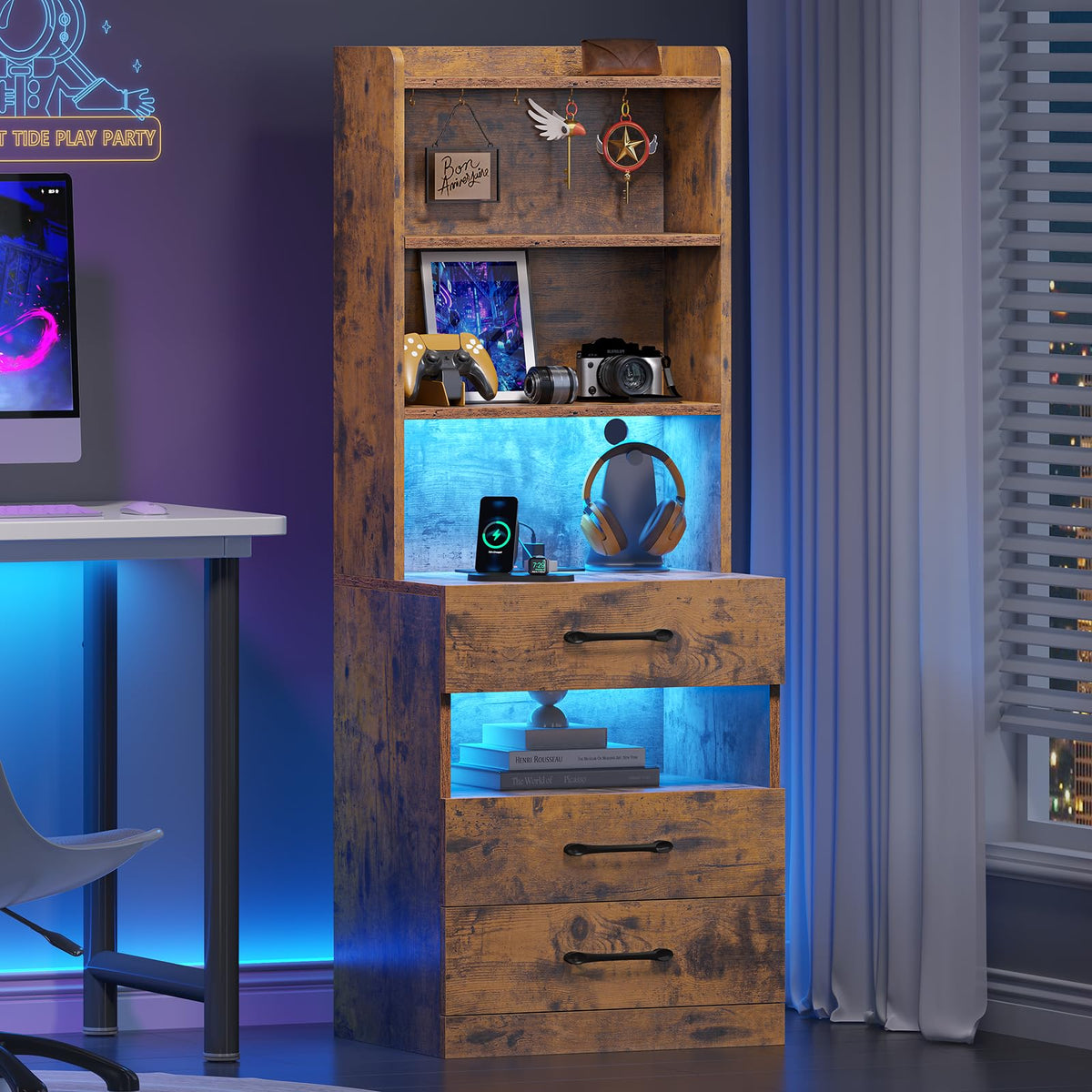Rustic Brown Nightstand with Charging Station and LED Lights Z51139