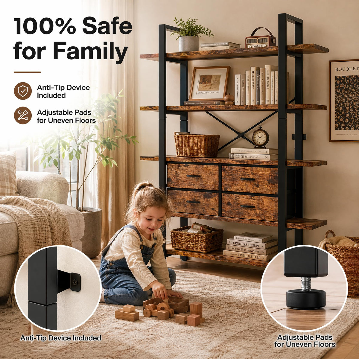 5-Tier Wood and Metal Bookshelf with 4 Fabric Drawers N102