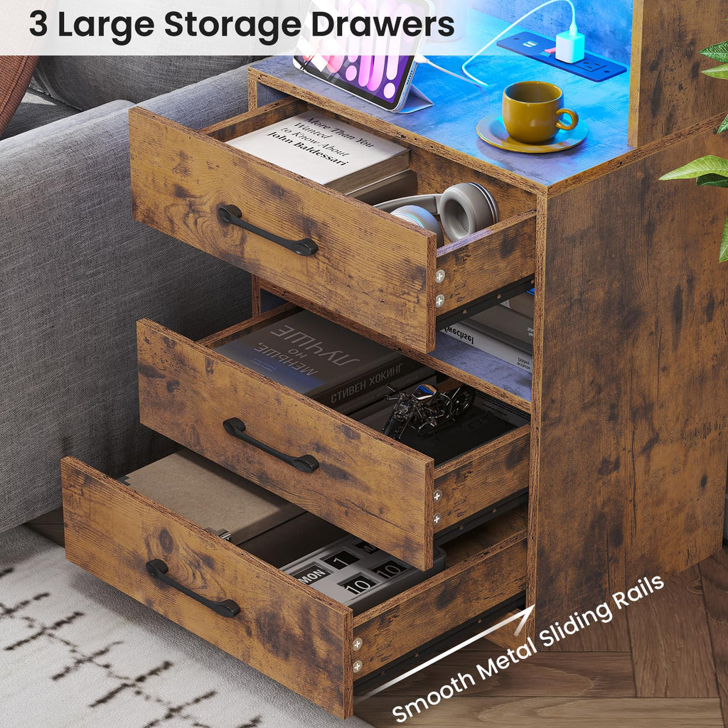 Rustic Brown Nightstand with Charging Station and LED Lights Z51139