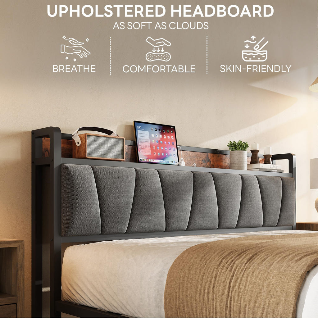 Queen Size Bed Frame with Storage Headboard and Charging Station V90935