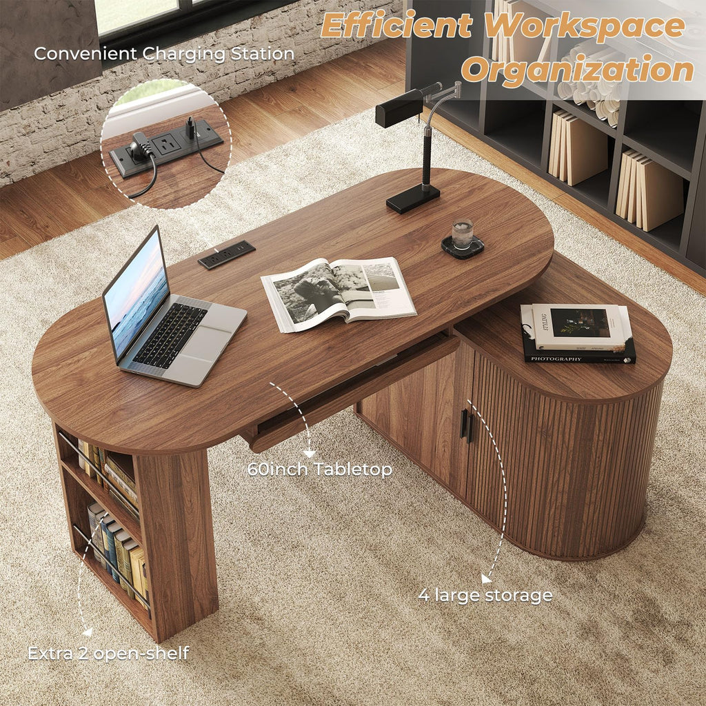 L Shaped Corner Desk with Storage Cabinet Walnut 60 Inch I5378