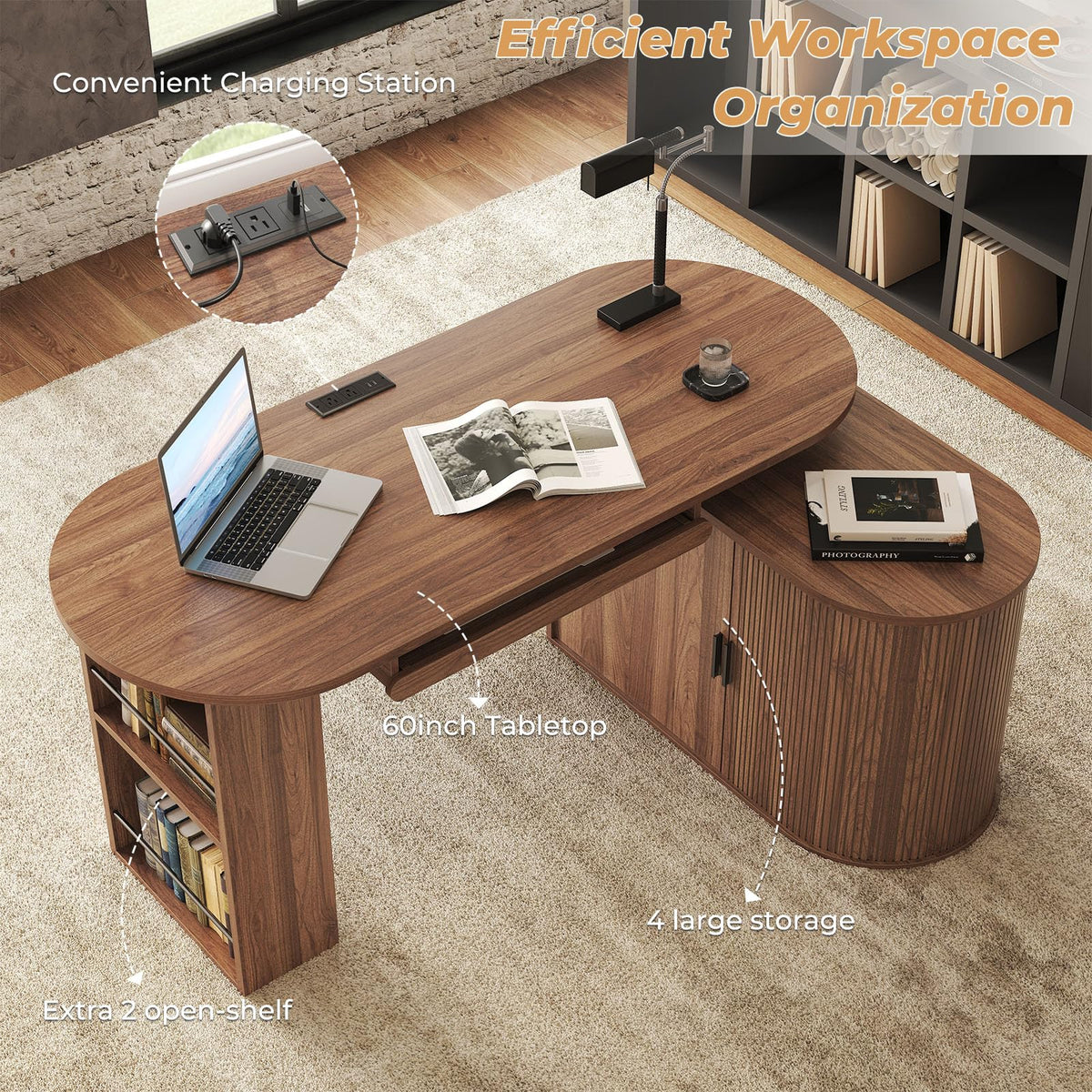 L Shaped Corner Desk with Storage Cabinet Walnut 60 Inch I5378
