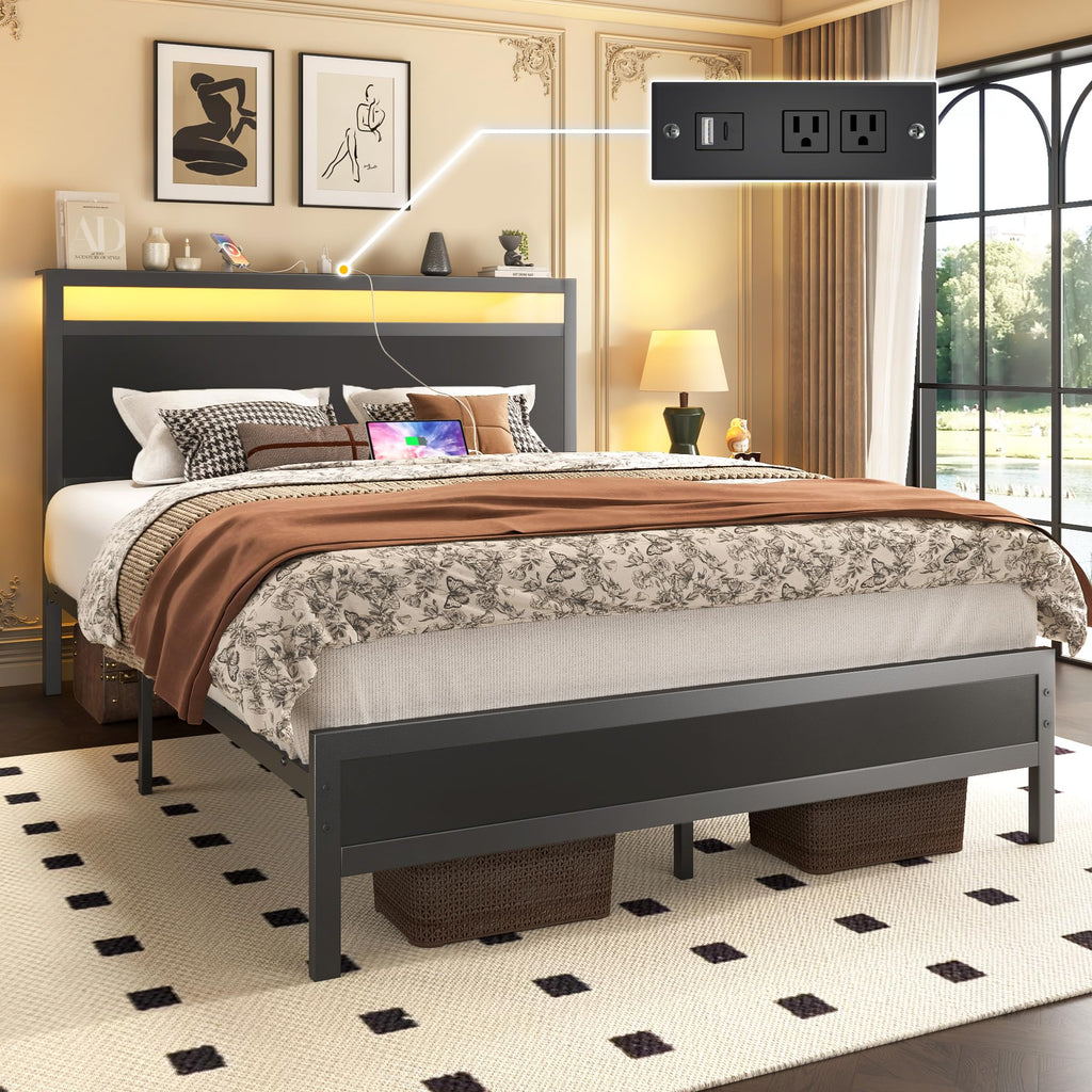 Full Bed Frame with Headboard, Footboard, Charging Station, LED Light, Storage Shelf, Black H82082